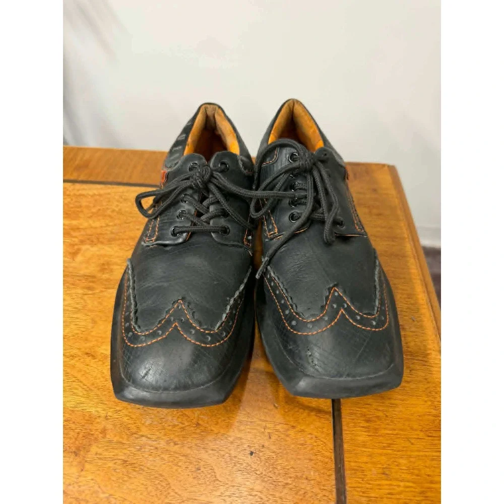 John Fluevog Mens 8 Future Angel Black‎ Leather Orange Stitch Square Toe Shoes